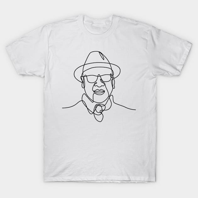 Asian Man or Gentleman Wearing a Fedora Hat and Sunglasses Smiling Continuous Line Drawing T-Shirt by patrimonio